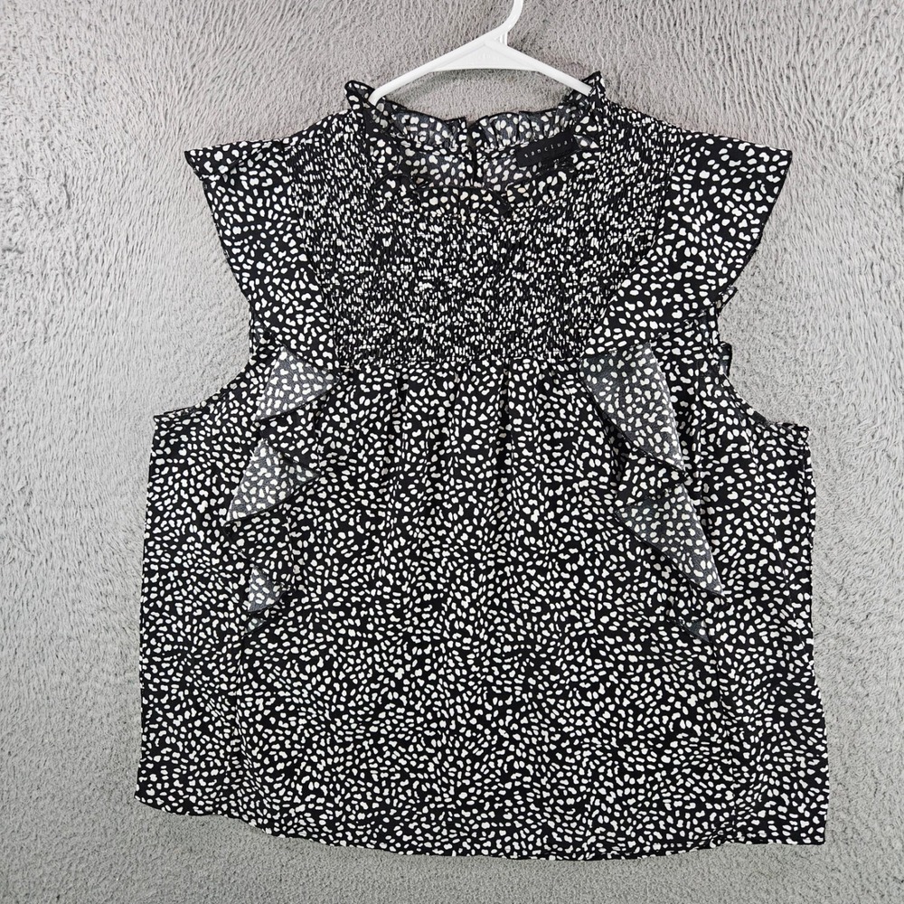 Sanctuary Womens XL Black White Abstract Dot Ruffle Smocked High‎ Neck Blouse